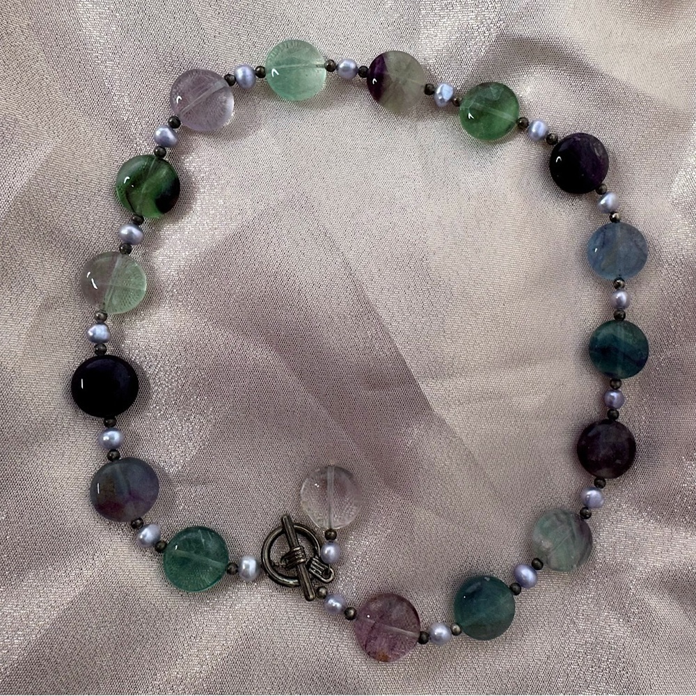 Flourite necklace toggle beaded purple green blue crystal geode rock luxe